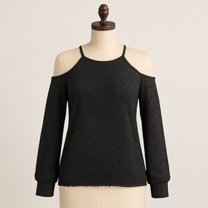 Black Distressed–Dot Cold Shoulder Sweatshirt – Size M